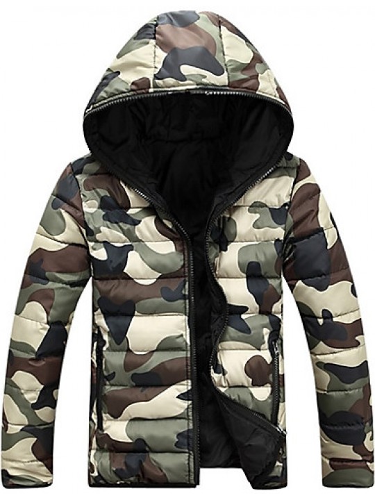 Men'sWinter Large SizeCasual Work Long Sleeve Camouflage Printed Turtleneck Zipper Cotton Warm Hooded CoatJacket