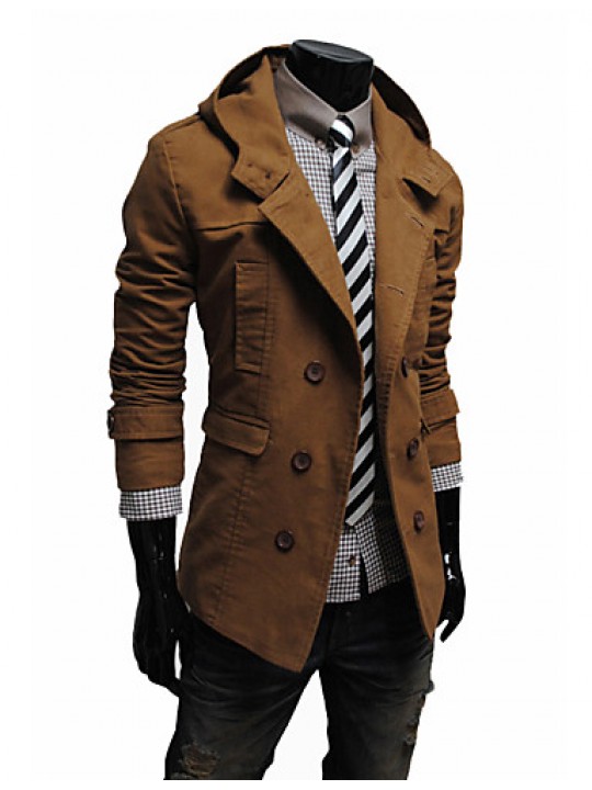 Men's Solid Casual Trench coat,Cotton Blend Long Sleeve-Black / Brown / Yellow / Tan