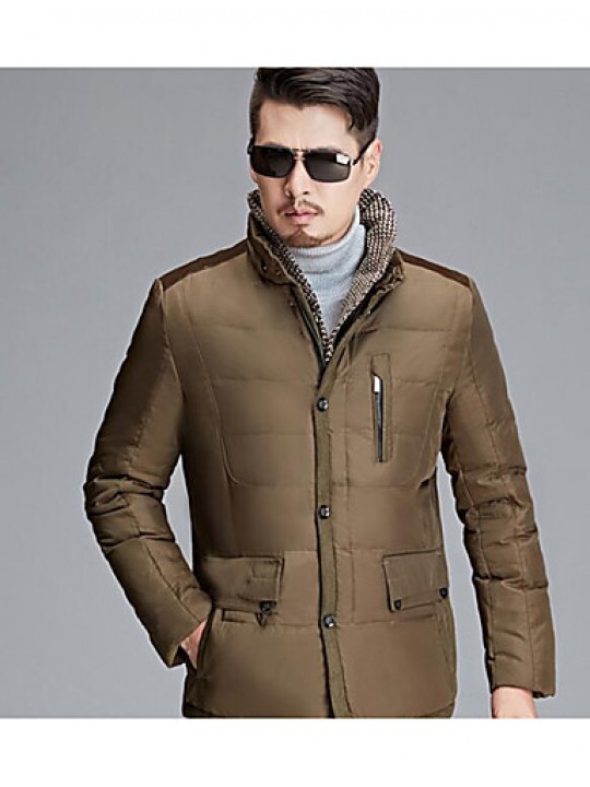 Men's Regular Down Coat,Simple Casual/Daily Solid-Polyester White Duck Down Long Sleeve Standing Collar Brown / Green