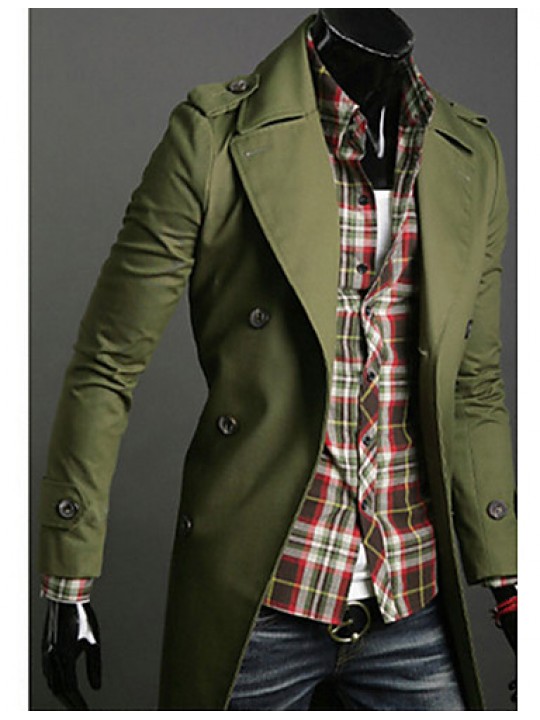 Men's Solid Casual Trench coat,Cotton Long Sleeve-Black / Green / White