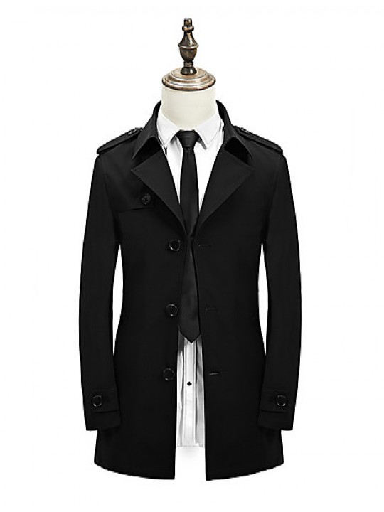 Men's Solid Casual / Formal / Plus Sizes Trench coat,Bamboo Fiber / Polyester Long Sleeve-Black / Blue / Brown