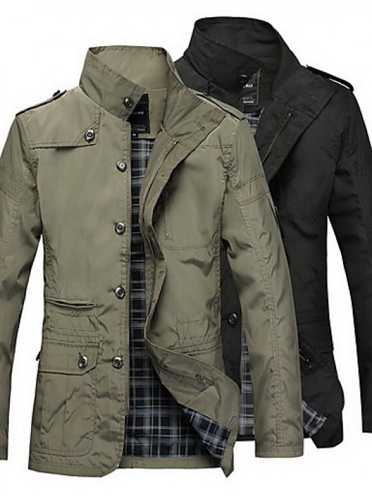 Men's Long Sleeve Regular Trench Coat , Polyester Plaids & Checks Winter Jacket