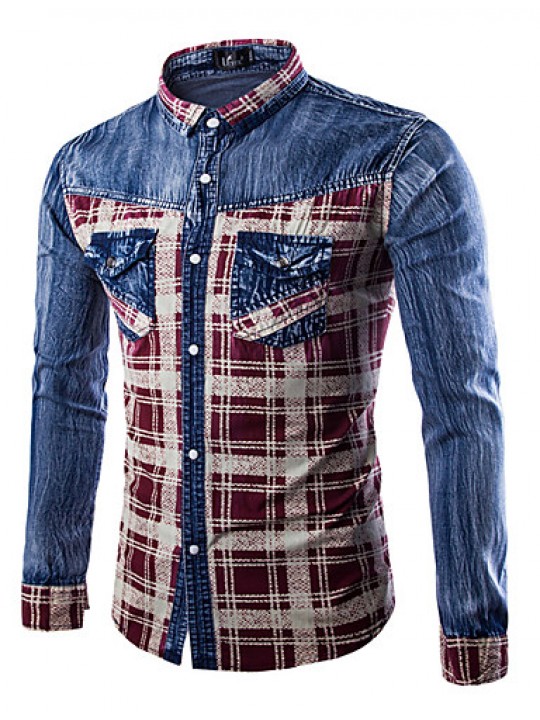 Men's Plaids & Checks Long Sleeve Top , Cotton / Denim Casual