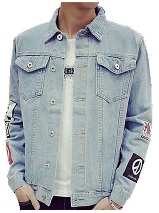 Men's Lapel Print Casual Denim Jacket