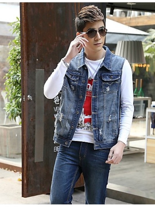 Men's Fashion Casual Solid Blue Sleeveless Jacket, Regular Denim / Jean WearFashion Blue Color All Seasons Men's Fashion Wear