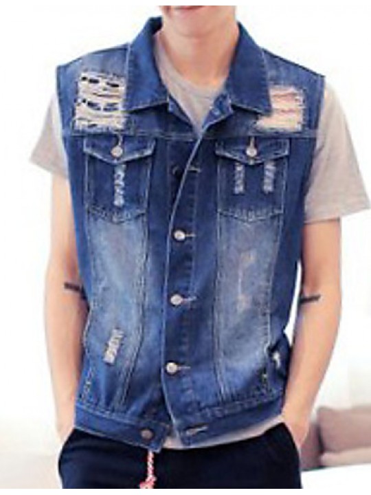 Men's Sleeveless Casual Jacket,Cotton Solid Blue