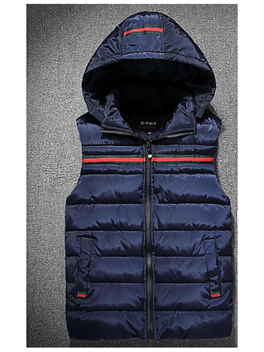 Men's Down Coat,Simple Casual/Daily Solid-Cotton Without Filling Material Sleeveless Hooded Blue / Black