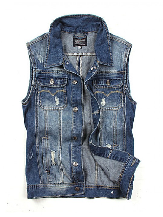 Men's Fashion Casual Solid Blue Sleeveless Jacket, Regular Denim / Jean WearFashion Blue Color All Seasons Men's Fashion Wear