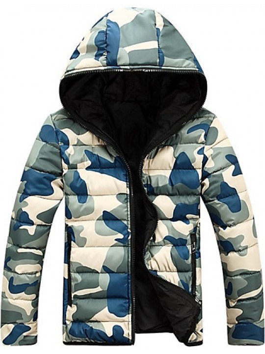 Men'sWinter Large SizeCasual Work Long Sleeve Camouflage Printed Turtleneck Zipper Cotton Warm Hooded CoatJacket