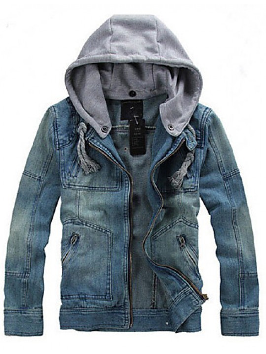 Men's Pure Long Sleeve Hooded Jacket , Denim Casual