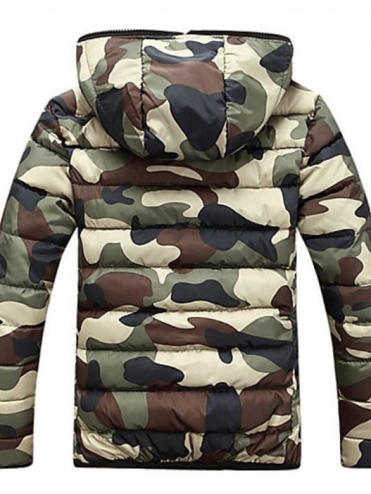 Men'sWinter Large SizeCasual Work Long Sleeve Camouflage Printed Turtleneck Zipper Cotton Warm Hooded CoatJacket