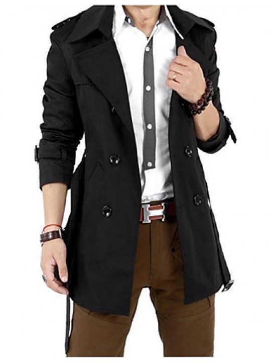 Men's Plus Size / Casual/Daily Simple Trench Coat,Solid Long Sleeve Black Polyester