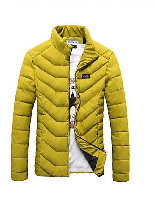 Men's Regular Down Coat,Simple Casual/Daily Solid-Polyester White Duck Down Long Sleeve Hooded Black / Yellow