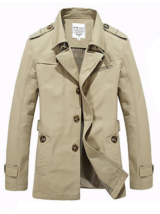 Men's Solid Casual / Work / Formal Trench coat,Cotton Long Sleeve-Black / Green / Yellow / Beige / Tan