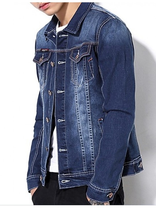 Men's Korean Slim Stretch Bleached Denim Jacket,Cotton / Polyester Solid Blue