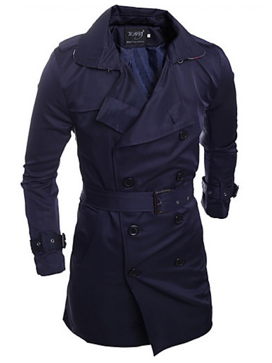 Men's Solid Casual Trench coat,Others Long Sleeve-Blue / White