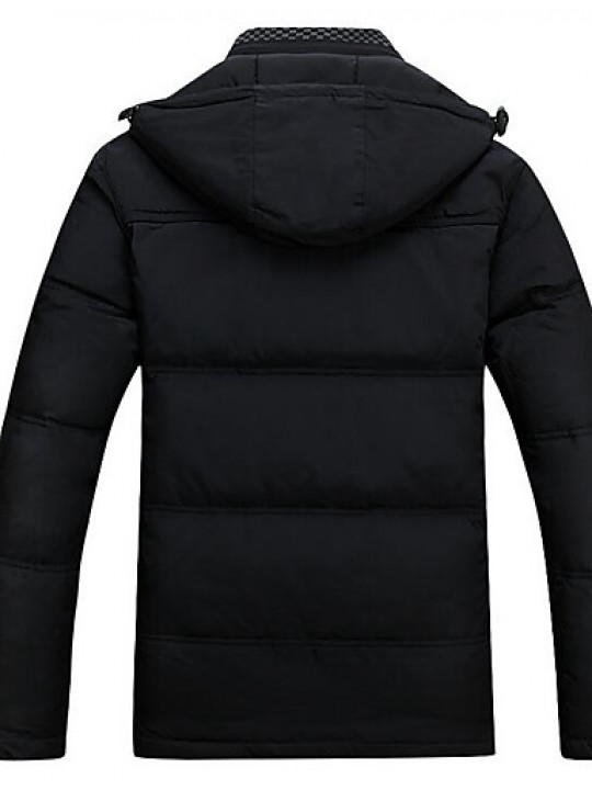 Men's Regular Down Coat,Simple Casual/Daily Solid-Polyester White Duck Down Long Sleeve Hooded Black