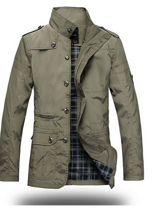 Men's Long Sleeve Regular Trench Coat , Polyester Plaids & Checks Winter Jacket