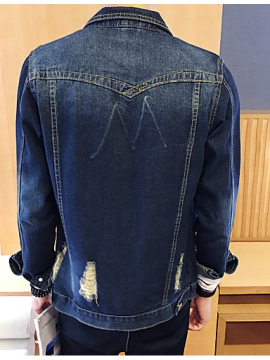 Men's Fashion Solid Broken Hole Slim Fit Casual Long Sleeve Denim Jacket,Cotton/Print/Casual/Plus Size