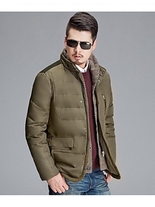 Men's Regular Down Coat,Simple Casual/Daily Solid-Polyester White Duck Down Long Sleeve Standing Collar Brown / Green