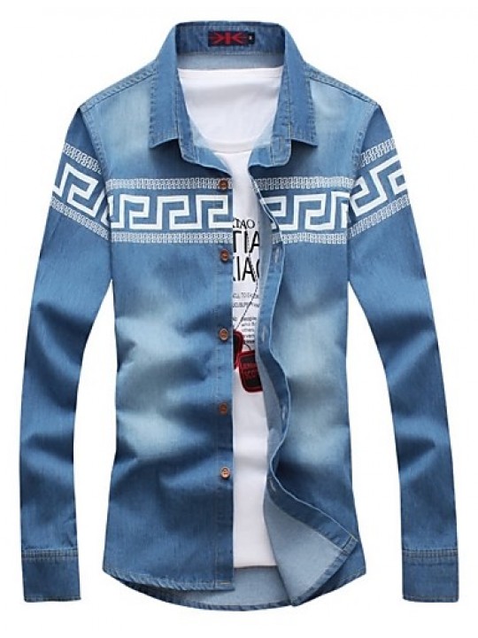 Men's Geometric Pattern Denim Shirt , Cotton / Polyester Casual / Plus Sizes