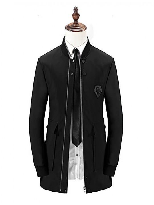 Men's Solid Casual / Formal / Plus Sizes Trench coat,Bamboo Fiber / Polyester Long Sleeve-Black / Blue