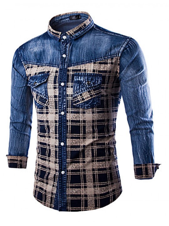 Men's Plaids & Checks Long Sleeve Top , Cotton / Denim Casual