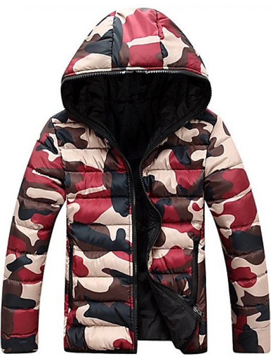 Men'sWinter Large SizeCasual Work Long Sleeve Camouflage Printed Turtleneck Zipper Cotton Warm Hooded CoatJacket