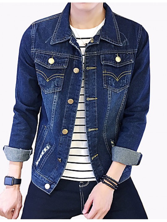 Men's Fashion Solid Broken Hole Slim Fit Casual Long Sleeve Denim Jacket,Cotton/Print/Casual/Plus Size