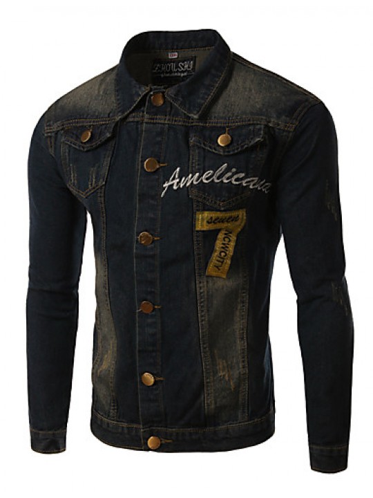 Men's Print Long Sleeve Jacket , Cotton / Denim Casual