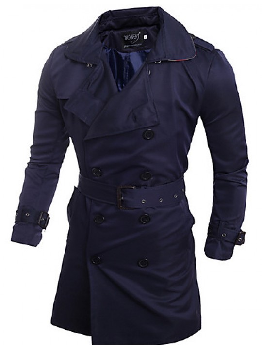 Men's Solid Casual Trench coat,Others Long Sleeve-Blue / White