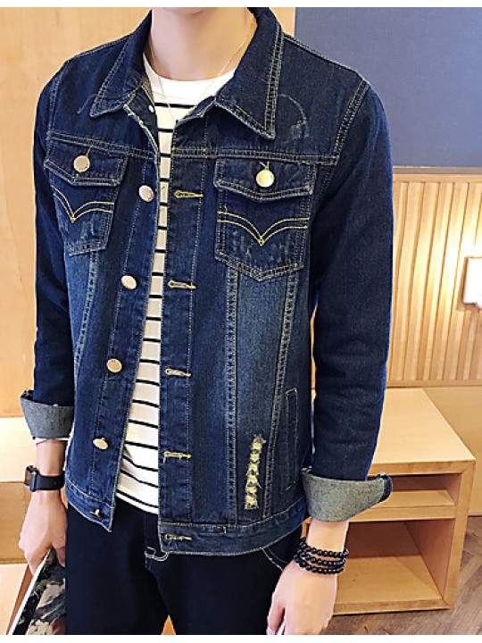 Men's Fashion Solid Broken Hole Slim Fit Casual Long Sleeve Denim Jacket,Cotton/Print/Casual/Plus Size