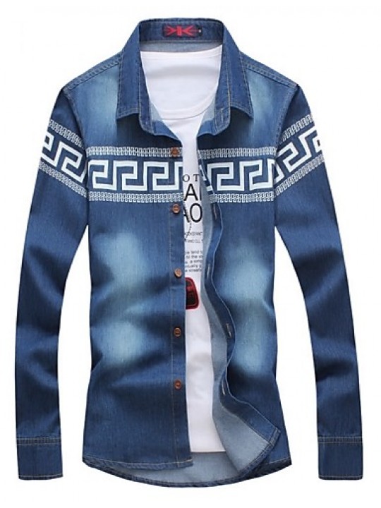 Men's Geometric Pattern Denim Shirt , Cotton / Polyester Casual / Plus Sizes